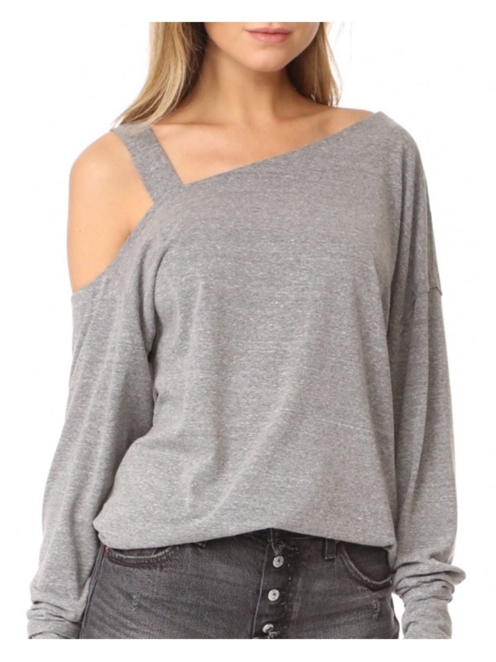 We The Free Gray Off-Shoulder Strap Sweater